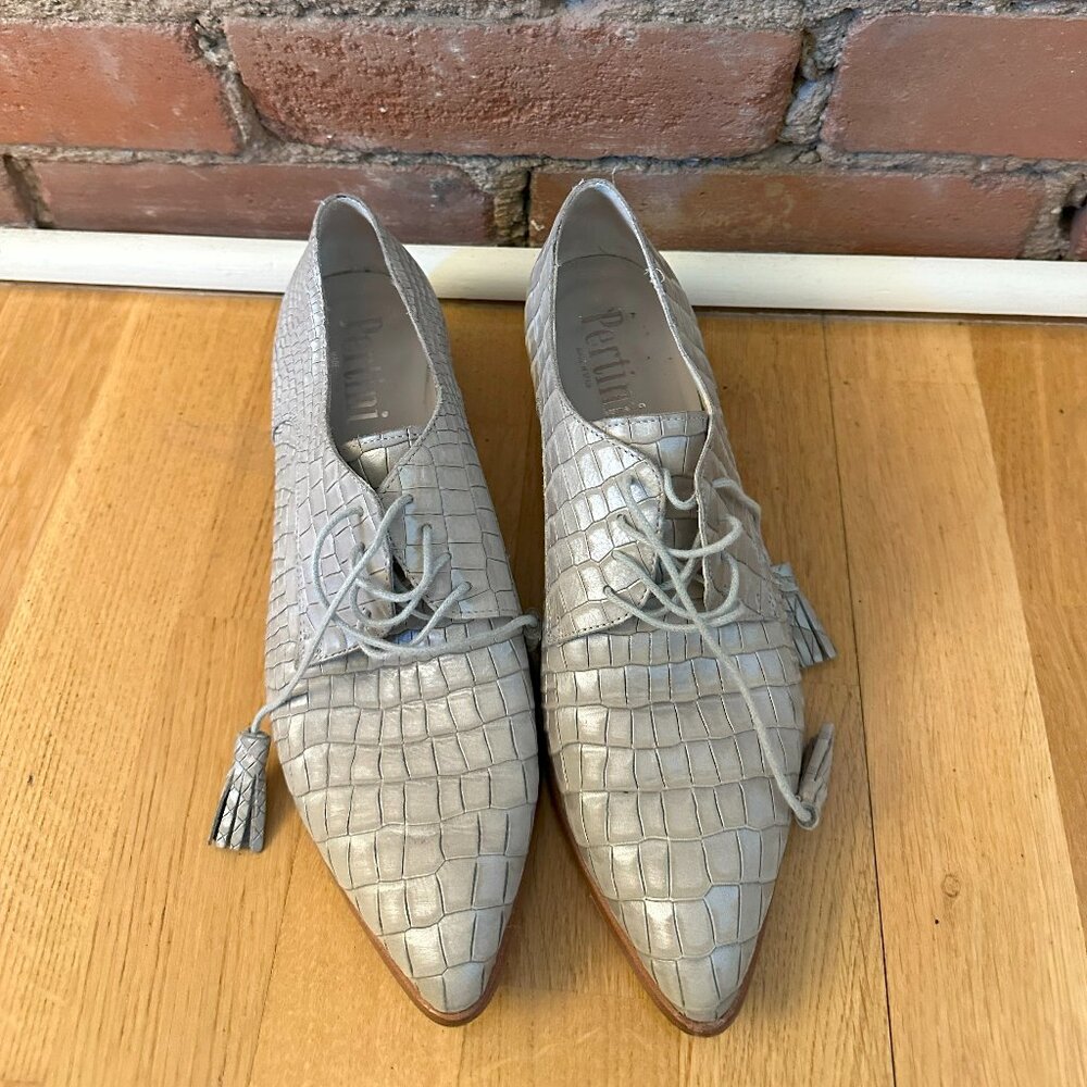 Pertini Silver Snakeskin-Patterned Leather Shoes – EU 39 (Fits US 7.5–8)